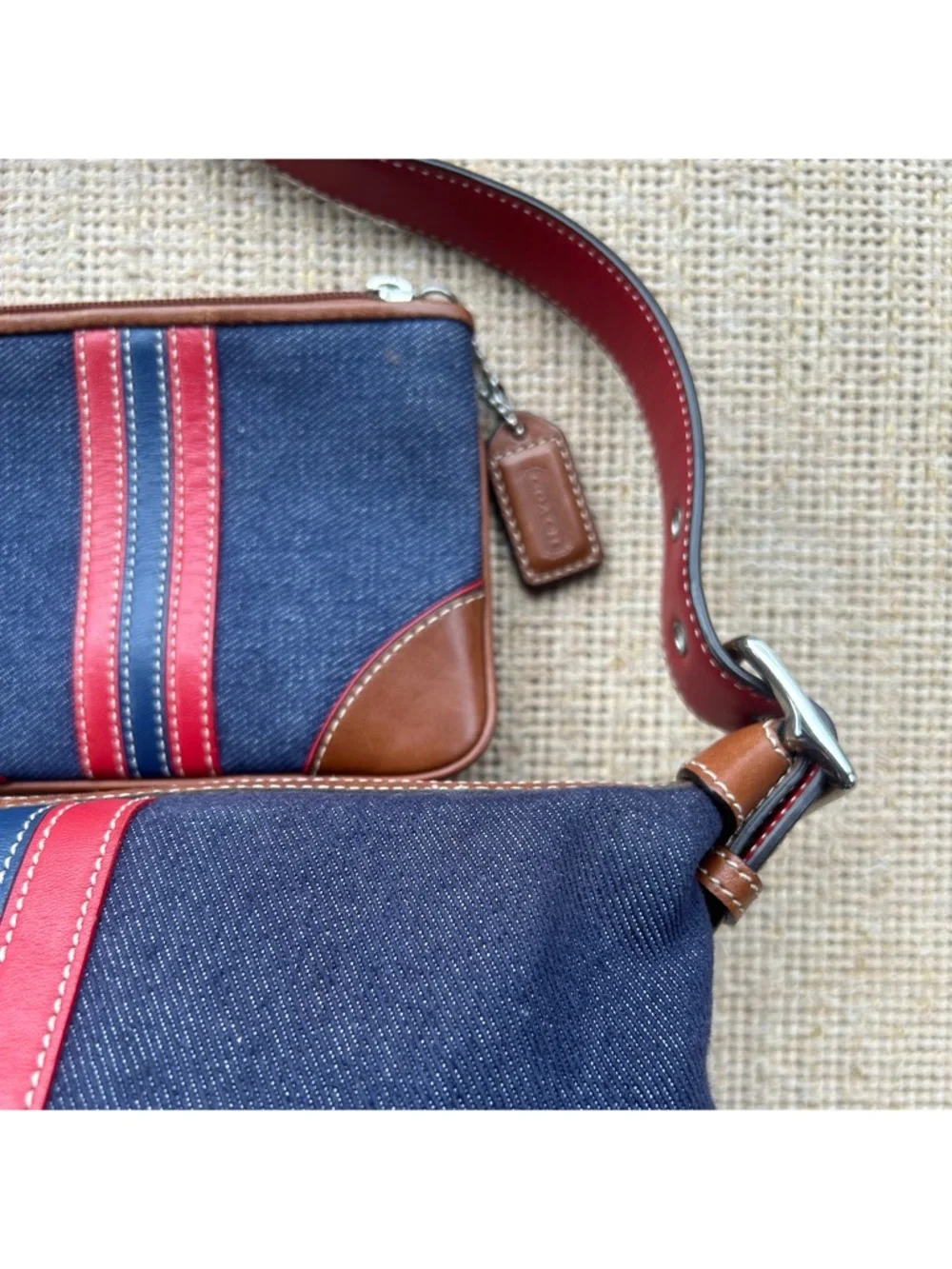 Coach Navy Canvas Shoulder Bag with Red and Pink Stripes